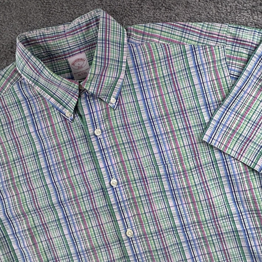 Brooks Brothers 346 Mens Large Short Sleeve Plaid Button Down Shirt Cotton Green